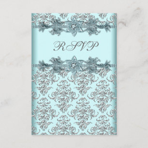 Zilveren Damast Turquoise Blauwe Sweet 16 Verjaard RSVP Kaartje