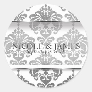 Zilveren Damast Vintage Glam Bruiloft Geschenk Fav Ronde Sticker