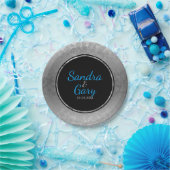 Zilveren Damast zwarte cirkel met zilveren ring Papieren Bordje (Feest)