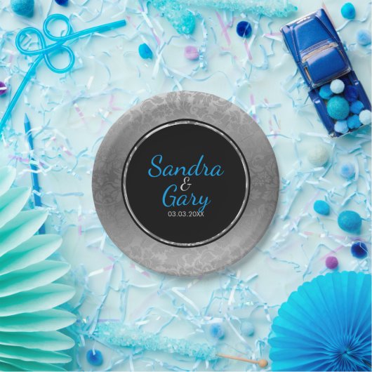 Zilveren Damast zwarte cirkel met zilveren ring Papieren Bordje (Feest)