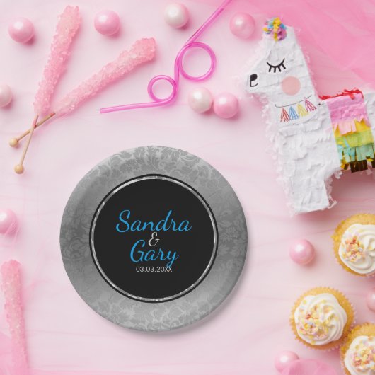 Zilveren Damast zwarte cirkel met zilveren ring Papieren Bordje (Feest)