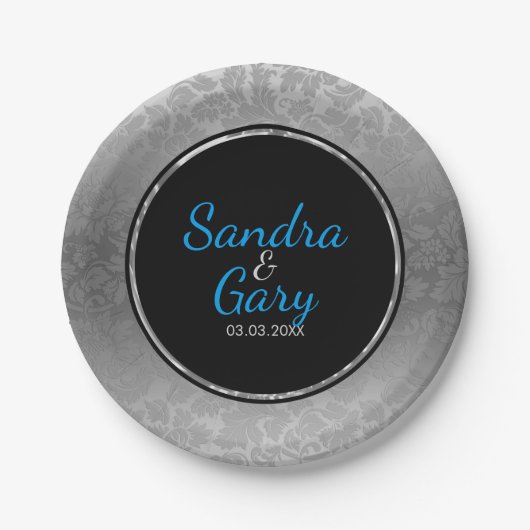 Zilveren Damast zwarte cirkel met zilveren ring Papieren Bordje (Voorkant)