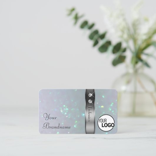 Zilveren Decor Lichtblauw Parel Glitter Logo Jewel Visitekaartje (Staand voorkant)