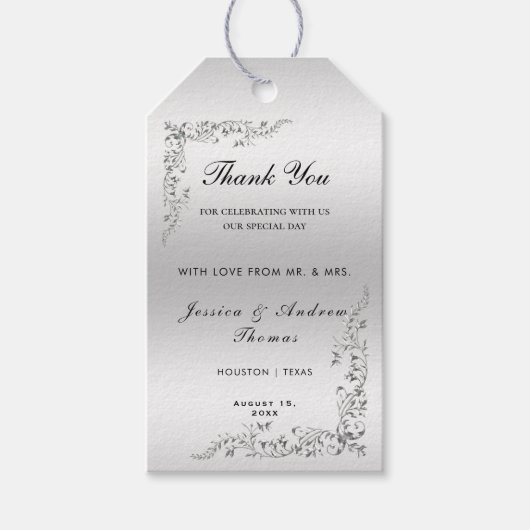 Zilveren decoratie bruiloft cadeaulabel (Voorkant)