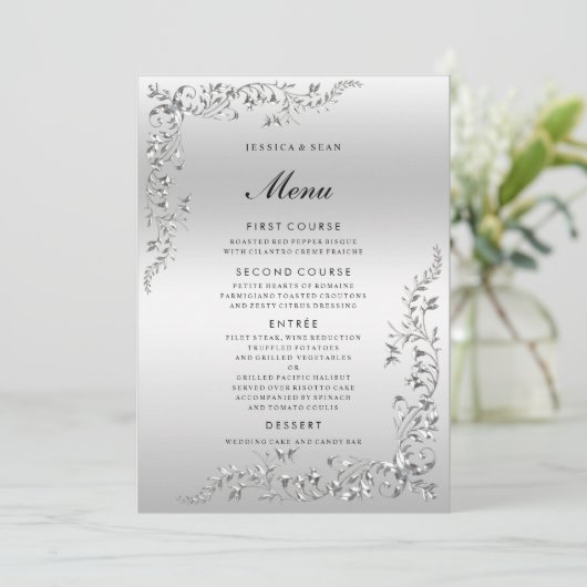 Zilveren decoratie bruiloft menu (Staand voorkant)