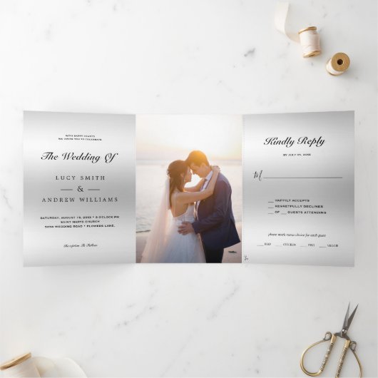 Zilveren Decoratie QR Code Fotobruiloft Drieluik Uitnodiging (Binnen)