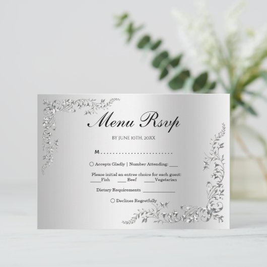 Zilveren Decoratie Trouwmenu RSVP (Staand voorkant)