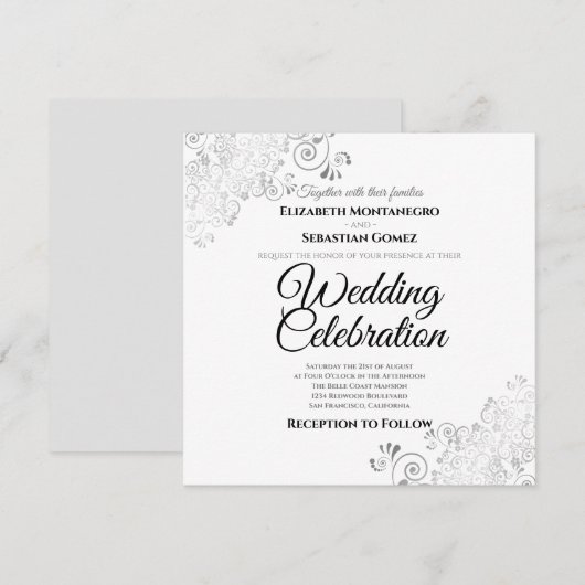 Zilveren Delicate Filigraan Elegant Vierkante Brui Kaart (Voorkant / Achterkant)