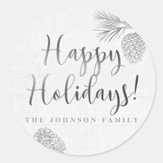 Zilveren dennenappel, vakantie ronde sticker (Voorkant)