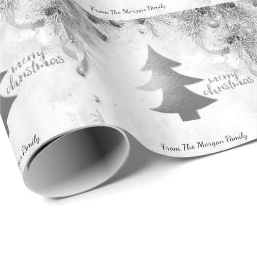 Zilveren dennenboom, ballen Vrolijk Kerstfeest Cadeaupapier (Rol Hoek)