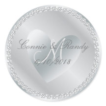 Zilveren Diamant en Hart Monogram Bruiloft Sticker
