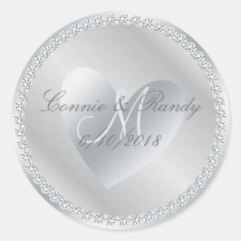 Zilveren Diamant en Hart Monogram Bruiloft Sticker
