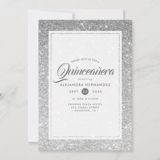 Zilveren Diamant Glitter Elegant Quinceañera Kaart (Voorkant)