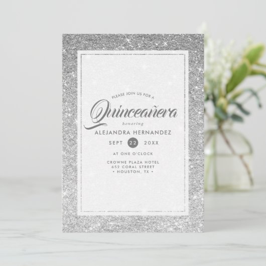Zilveren Diamant Glitter Elegant Quinceañera Kaart (Staand voorkant)
