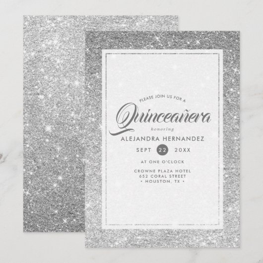 Zilveren Diamant Glitter Elegant Quinceañera Kaart (Voorkant / Achterkant)