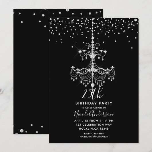 Zilveren Diamant Glitter Kroonluchter Verjaardagsf Kaart (Voorkant / Achterkant)