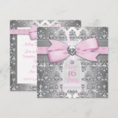 Zilveren Diamant Roze en Grijs Verjaardagsfeest Kaart (Voorkant / Achterkant)