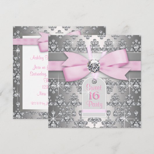 Zilveren Diamant Roze en Grijs Verjaardagsfeest Kaart (Voorkant / Achterkant)