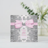 Zilveren Diamant Roze en Grijs Verjaardagsfeest Kaart (Staand voorkant)