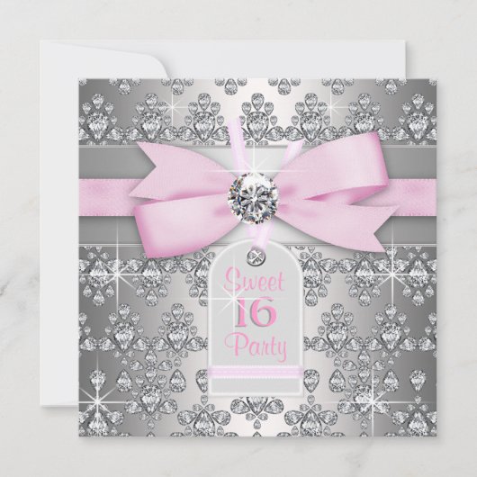 Zilveren Diamant Roze en Grijs Verjaardagsfeest Kaart (Voorkant)