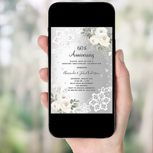 Zilveren diamanten bloemen 60e trouwdag kaart