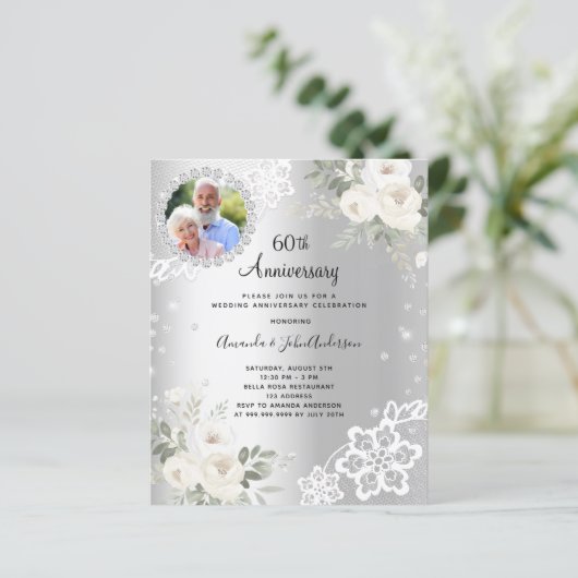 Zilveren diamanten bloemen 60ste huwelijksuitnodig (Staand voorkant)