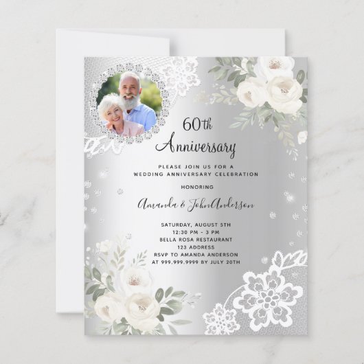 Zilveren diamanten bloemen 60ste huwelijksuitnodig (Voorkant)