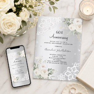 Zilveren diamanten bloemen 60ste huwelijksverjaard kaart