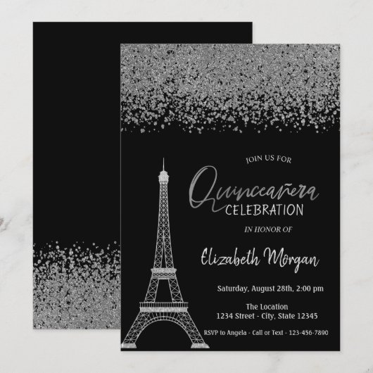 Zilveren Diamanten, Eiffeltoren Zwarte Quinceañera Kaart (Voorkant / Achterkant)