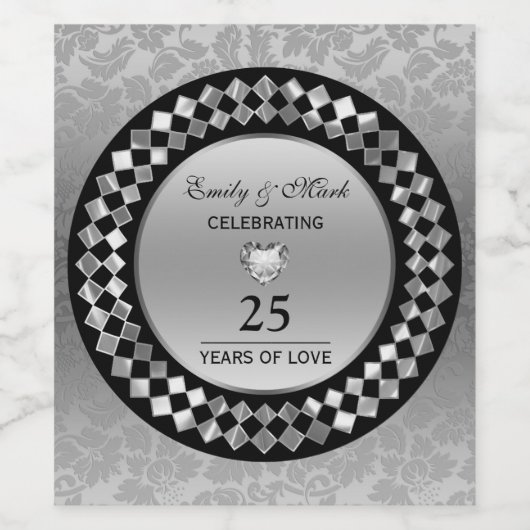 Zilveren diamanten en hart- zilver Jubileum Wijn Etiket (Enkel label)