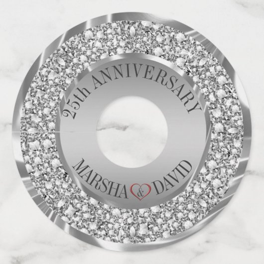 Zilveren diamanten en rood hart wijnglaslabel (Voorkant)