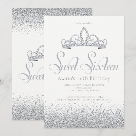 Zilveren diamanten en zoete zestien uitnodigingen (Voorkant / Achterkant)