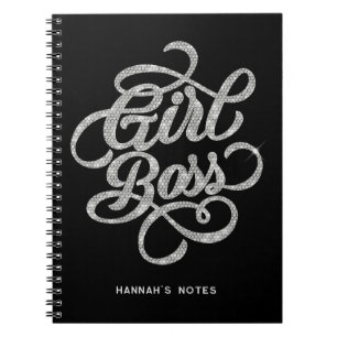 Zilveren Diamanten Glam Girl Boss Typografie Zwart Notitieboek