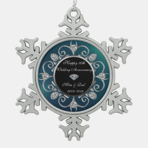 Zilveren Diamanten Groene 10e Huwelijksverjaardag Tin Sneeuwvlok Ornament