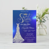 Zilveren Diamanten Jurk, Diamanten Blauwe Sweet 16 Kaart (Staand voorkant)