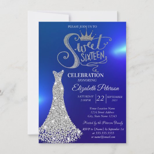 Zilveren Diamanten Jurk, Diamanten Blauwe Sweet 16 Kaart (Voorkant)