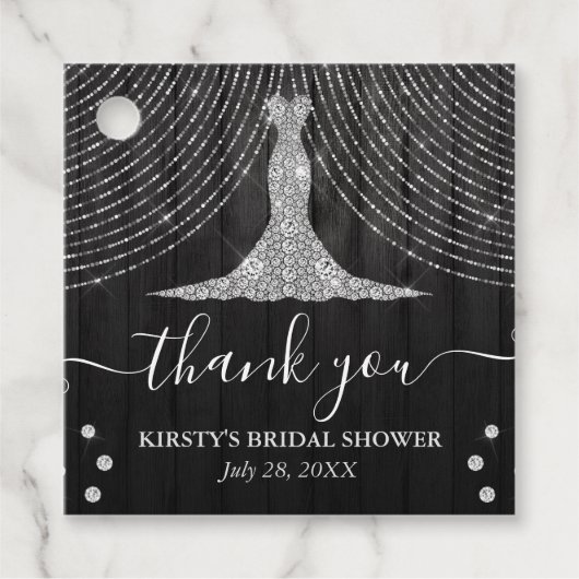 Zilveren diamanten jurk op zwarte houten bruidsmei bedankjes labels (Voorkant)
