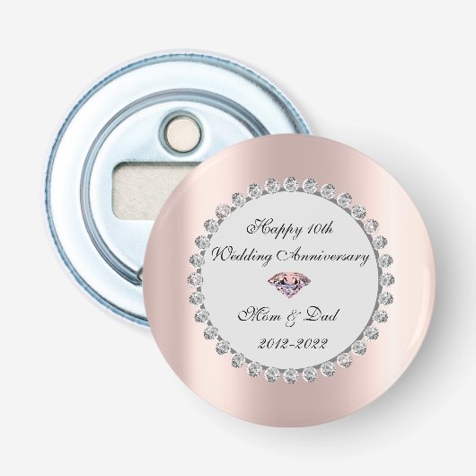 Zilveren diamanten roze goud 10e trouwdag button flesopener (Voorkant)