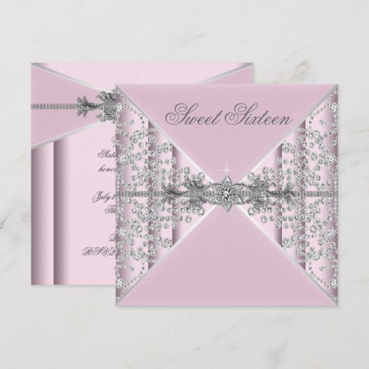 Zilveren diamanten Roze Sweet 16 verjaardagsfeestj Kaart (Voorkant / Achterkant)