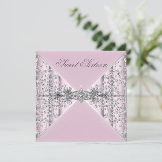 Zilveren diamanten Roze Sweet 16 verjaardagsfeestj Kaart (Staand voorkant)