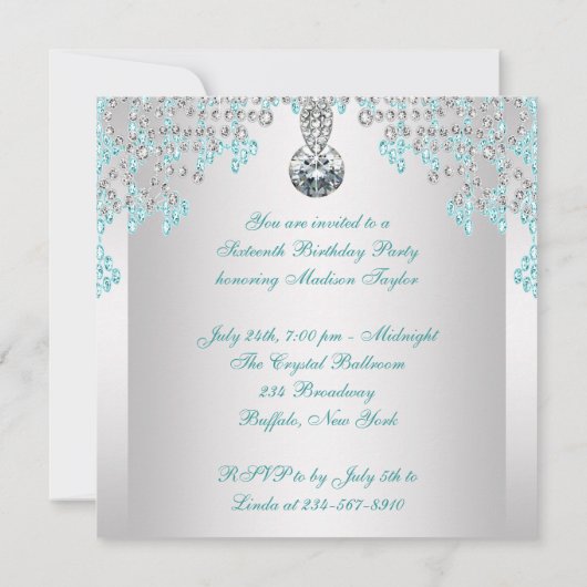 Zilveren diamanten turquoise zoete 16 verjaardagsf kaart (Achterkant)