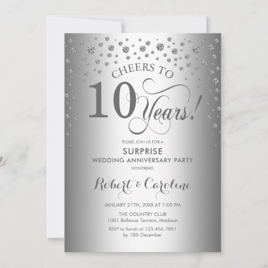 Zilveren Diamanten Verjaassurprise 10e verjaardags Kaart (Voorkant)