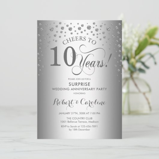 Zilveren Diamanten Verjaassurprise 10e verjaardags Kaart (Staand voorkant)