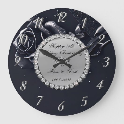 Zilveren Diamanten Zwarte Roos 25ste Verjaardag Grote Klok (Voorkant)