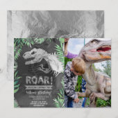 Zilveren dinosaurus brullen verjaardag foto kaart (Voorkant / Achterkant)