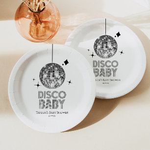 Zilveren Disco Bal 'Disco Baby' Baby Shower Papieren Bordje