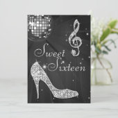 Zilveren Disco Bal en Sparkle Heels Zwart Zoet 16 Kaart (Staand voorkant)