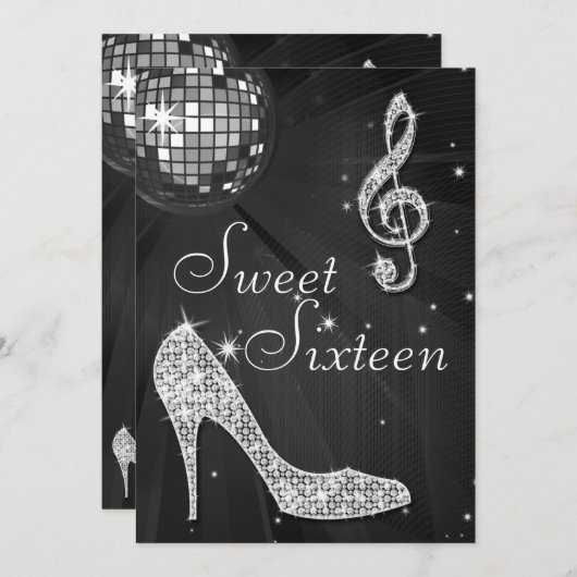 Zilveren Disco Bal en Sparkle Heels Zwart Zoet 16 Kaart (Voorkant / Achterkant)
