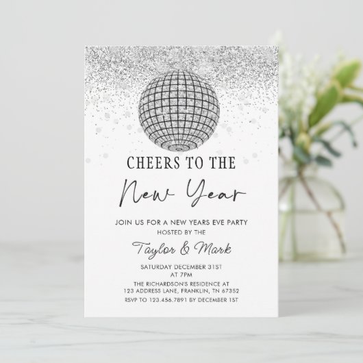 Zilveren Disco Bal Nieuwjaarsfeest Kaart (Staand voorkant)
