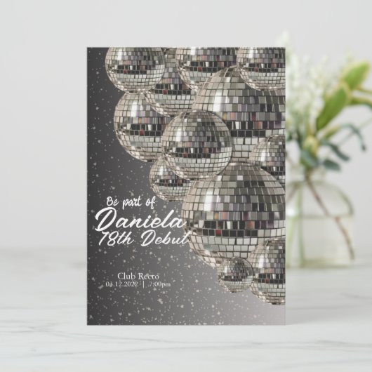 Zilveren Discobal 18e verjaardag Uitnodiging (Staand voorkant)